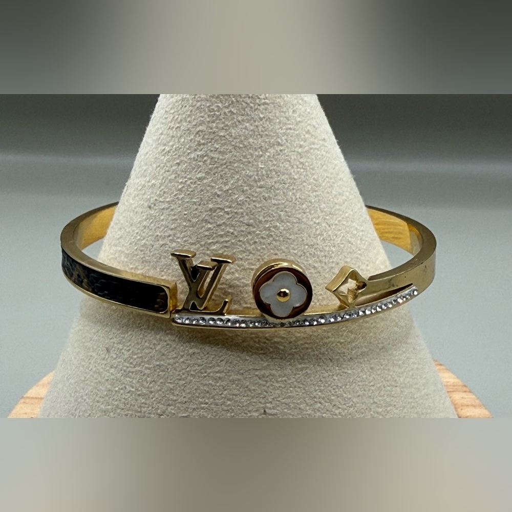 Stainless steel tone gold rhinestone, brown leather Crystals bangle bracelet NEW